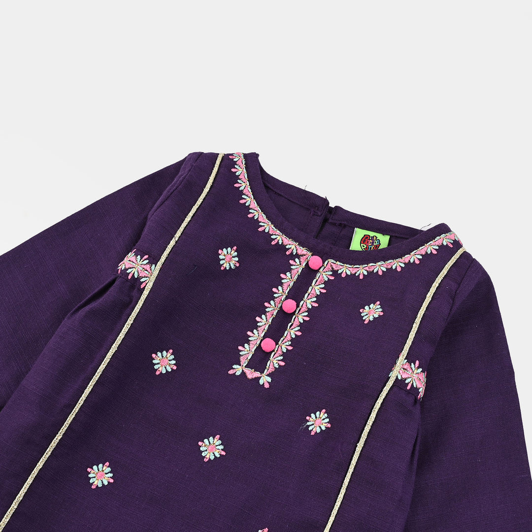 Infant Girls Cotton Slub Embroidered Kurti - Purple