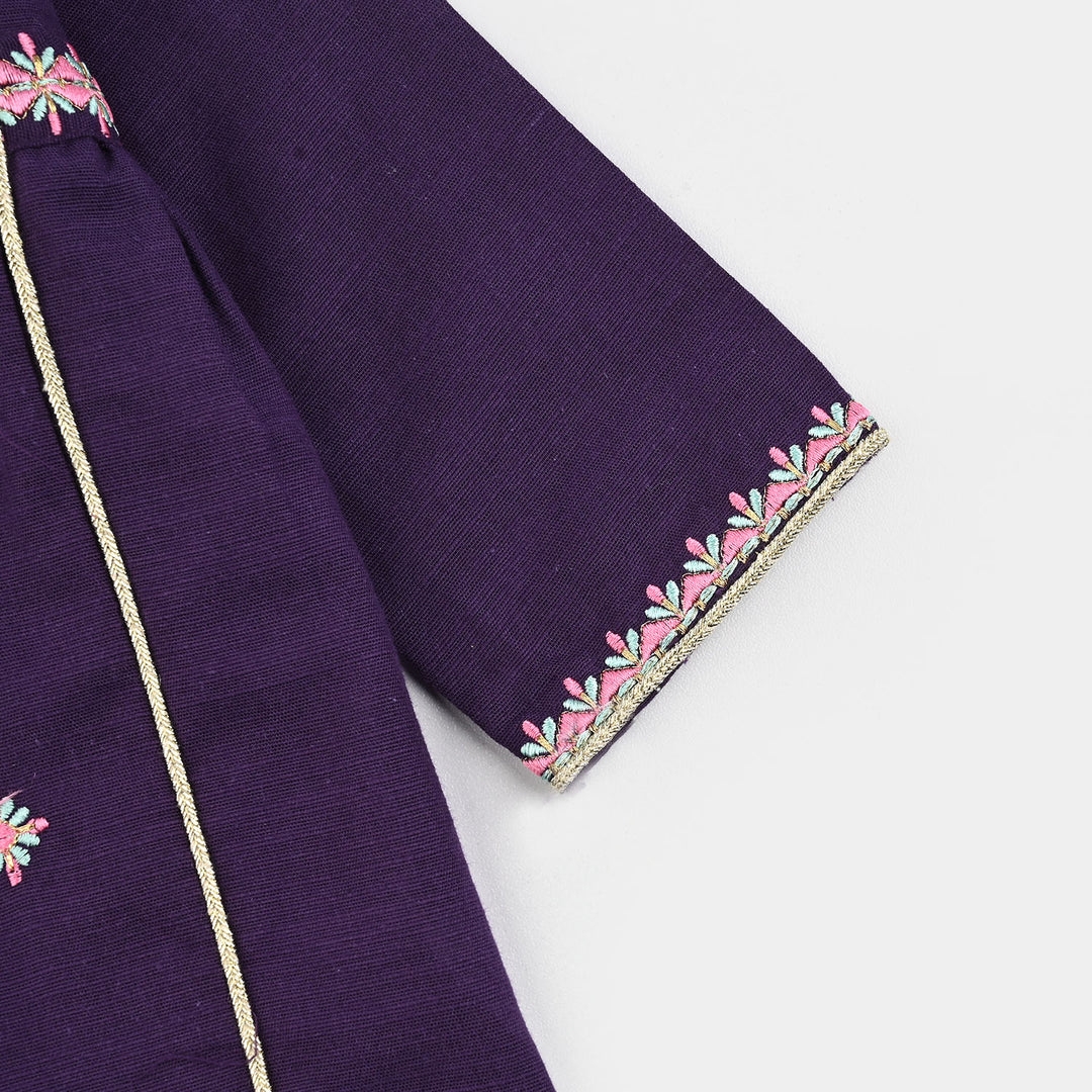 Infant Girls Cotton Slub Embroidered Kurti - Purple