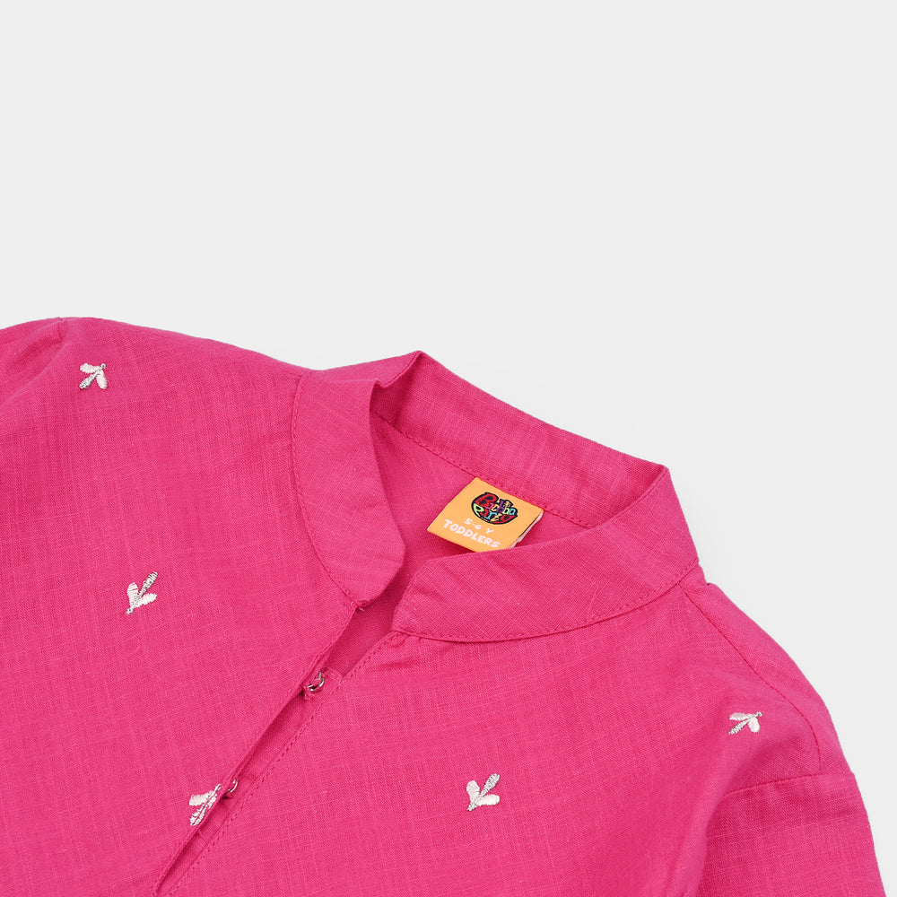Girls Cotton Slub Emb Top Pink Fusion-Fuchs Rose