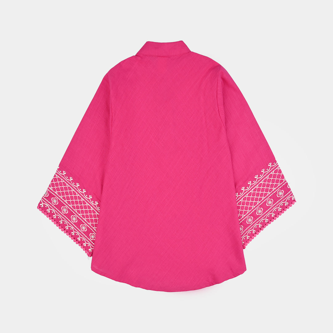 Girls Cotton Slub Emb Top Pink Fusion-Fuchs Rose