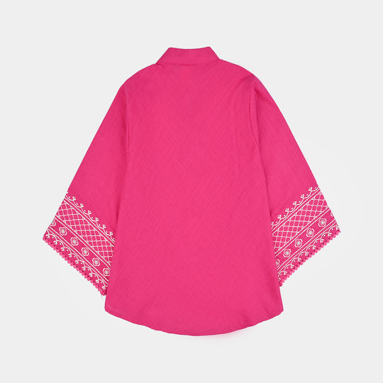 Girls Cotton Slub Emb Top Pink Fusion-Fuchs Rose