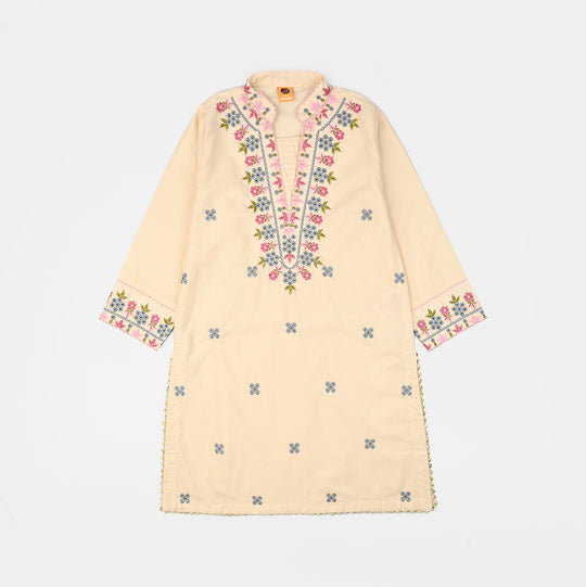Girls Cotton Poplin Emb Kurti Chicken Kari-Cream