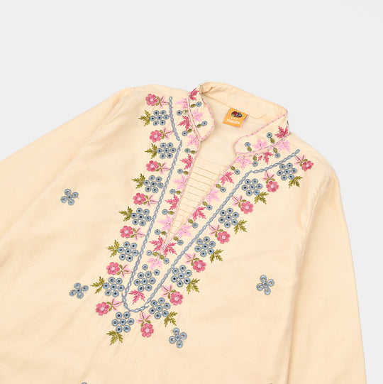 Girls Cotton Poplin Emb Kurti Chicken Kari-Cream