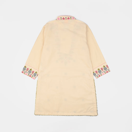 Girls Cotton Poplin Emb Kurti Chicken Kari-Cream
