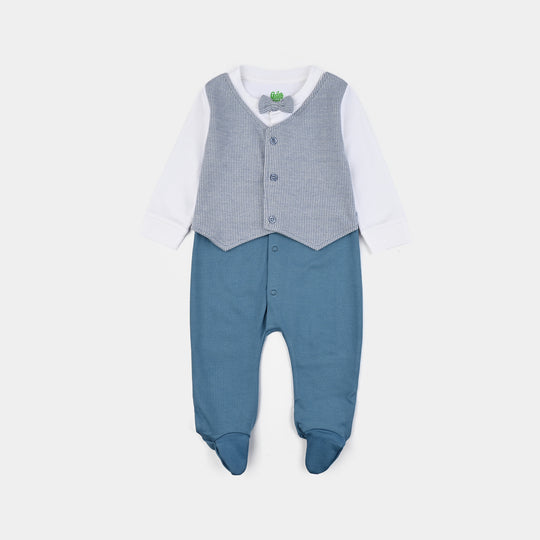 Infant Boys Cotton Interlock Romper Jacquard Coat Style-BLUE