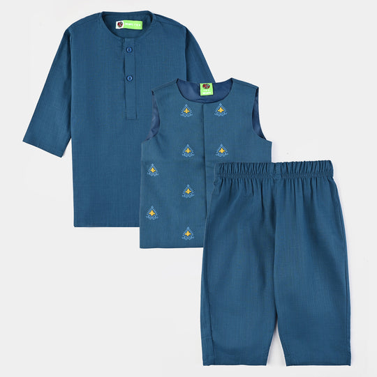 Infant Boys Cotton Slub 3Piece Suit (Puff Motif)-Teal