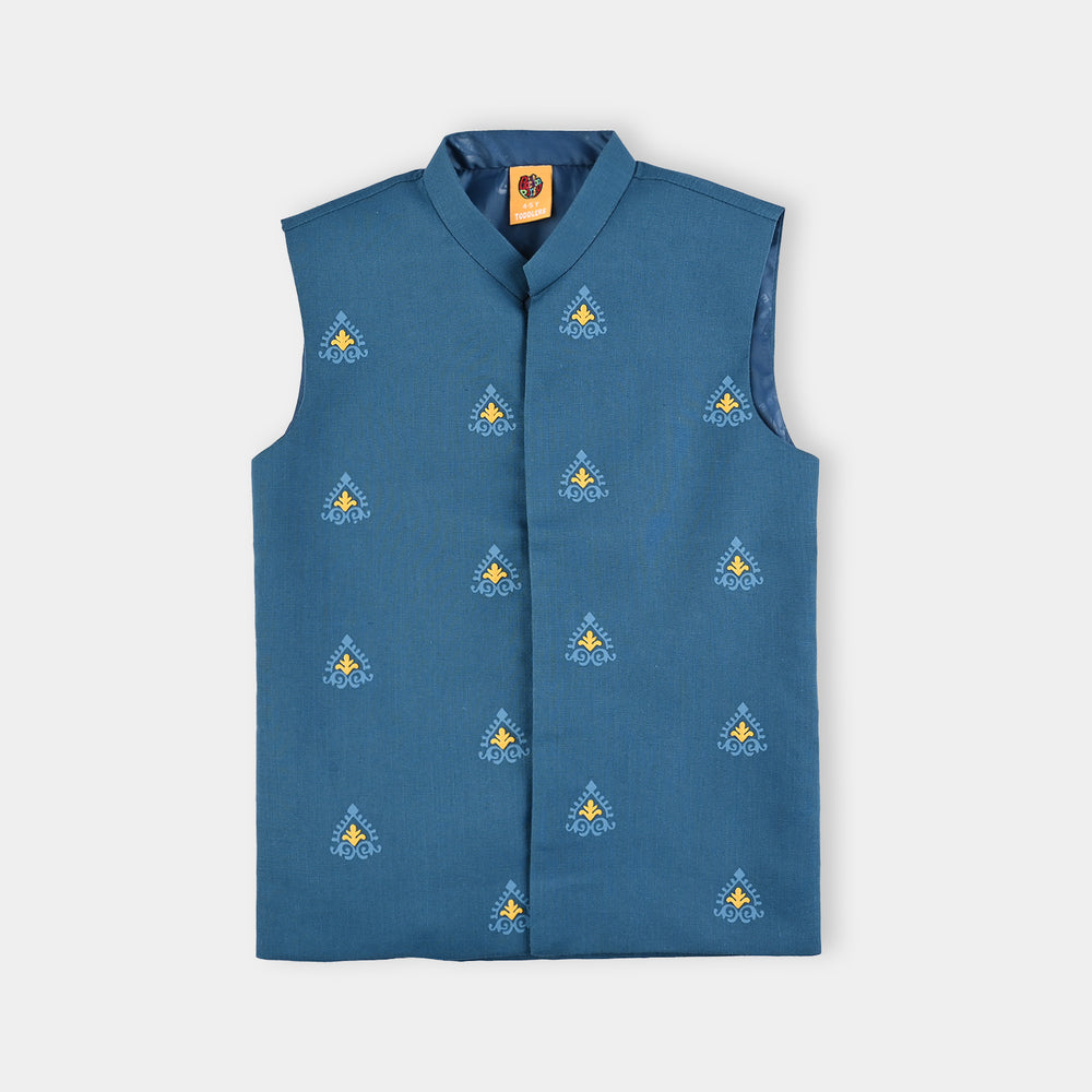 Boys Cotton Slub 3Piece Suit (Puff Motif)-Teal