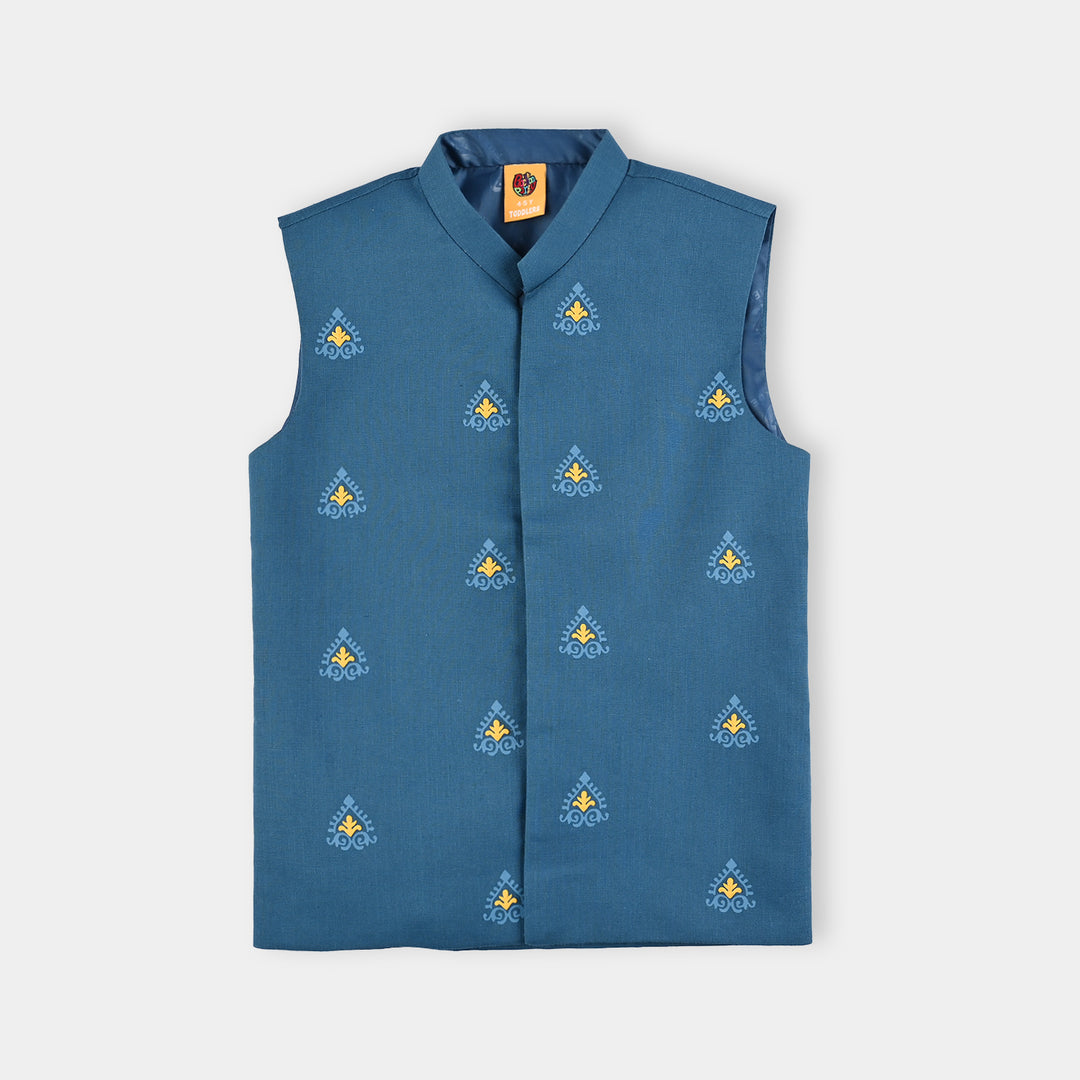 Boys Cotton Slub 3Piece Suit (Puff Motif)-Teal