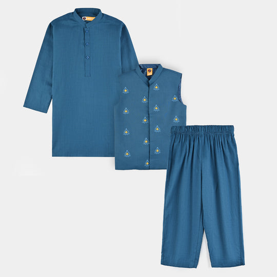 Boys Cotton Slub 3Piece Suit (Puff Motif)-Teal