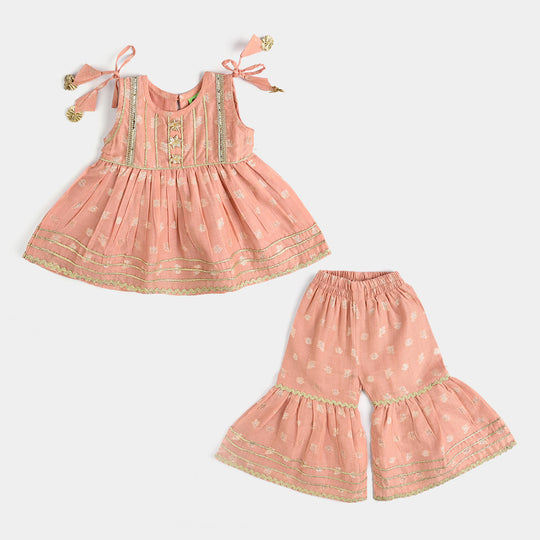Infant Girls Jacquard Fancy 2Pcs Mahtabi-Peach