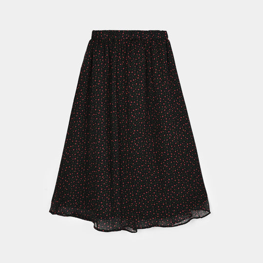 Girls Chiffon Long Skirt Tiny Flower - Black