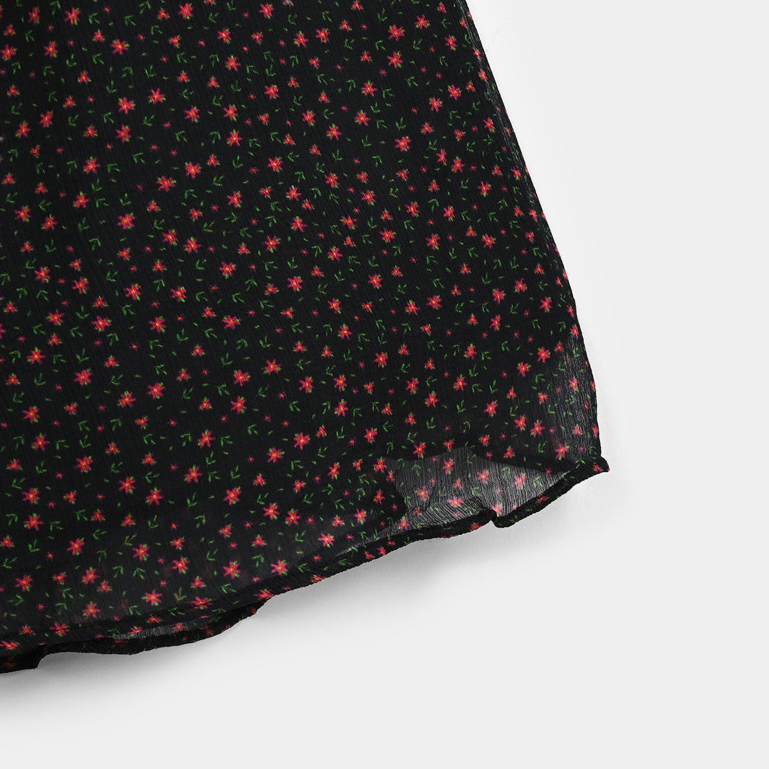 Girls Chiffon Long Skirt Tiny Flower - Black