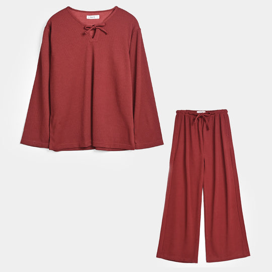 Teens Girls Cotton Knitted CO-Ord Set Maroon-Rust