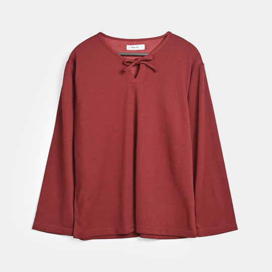 Teens Girls Cotton Knitted CO-Ord Set Maroon-Rust