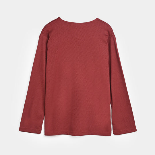 Teens Girls Cotton Knitted CO-Ord Set Maroon-Rust