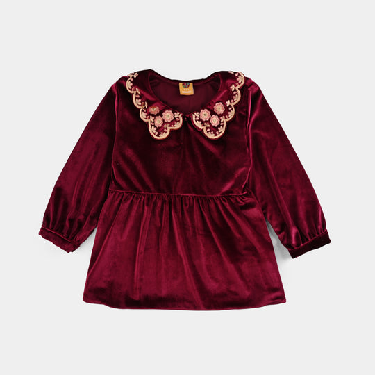 Girls Velvet Emb Top Berry-MAROON