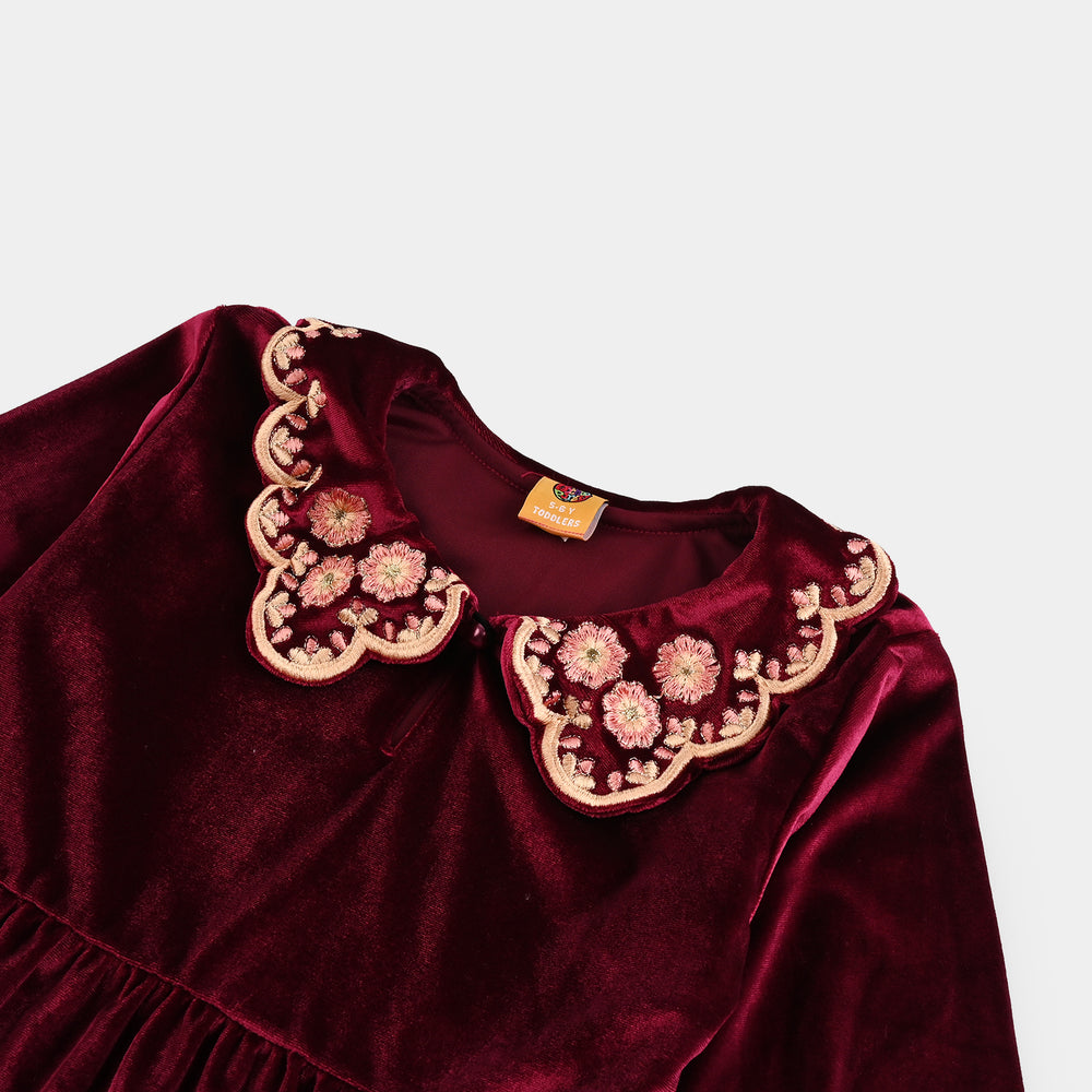 Girls Velvet Emb Top Berry-MAROON