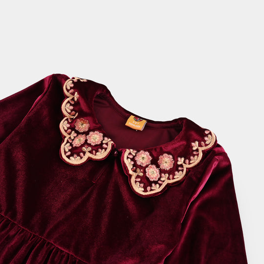Girls Velvet Emb Top Berry-MAROON