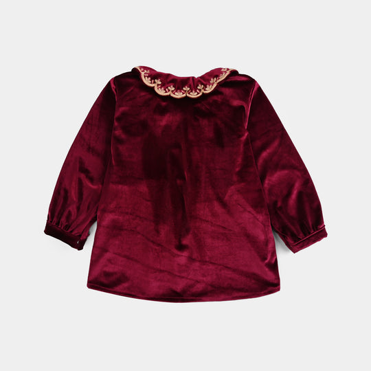 Girls Velvet Emb Top Berry-MAROON