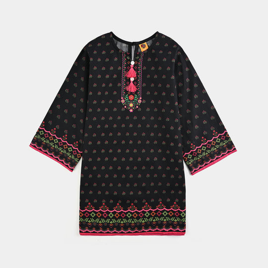 Girls Cotton Printed Kurti - Black