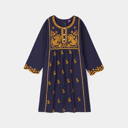 Girls Cotton Emb Kurti Yaqeen-Navy Blue