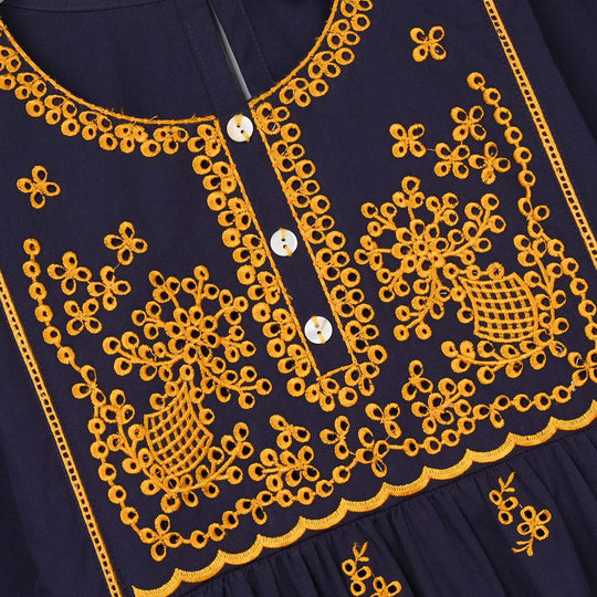 Girls Cotton Emb Kurti Yaqeen-Navy Blue