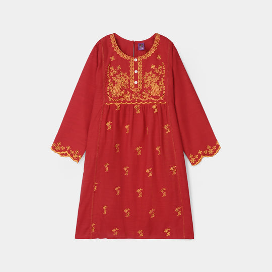 Girls Raw Silk Emb Kurti Yaqeen-MAROON