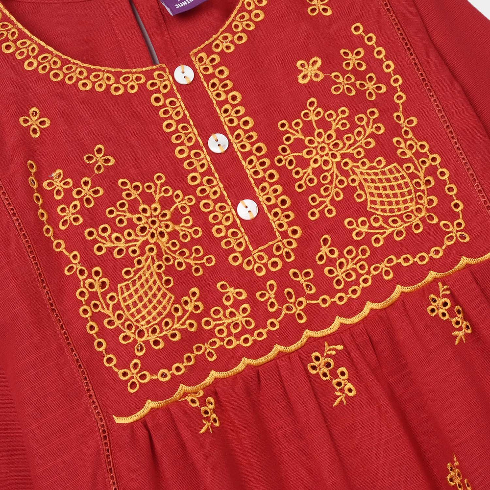 Girls Raw Silk Emb Kurti Yaqeen-MAROON