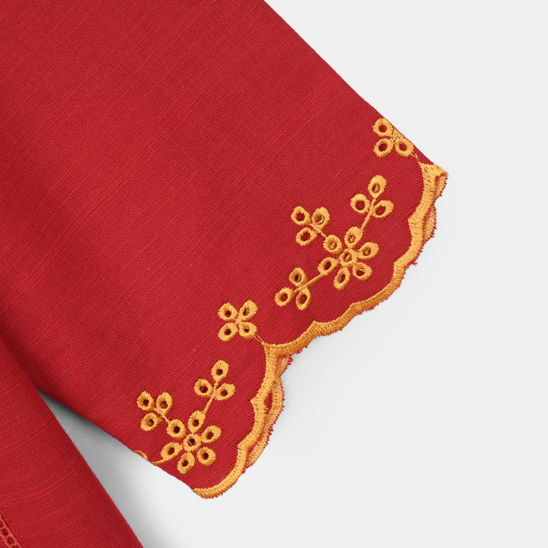 Girls Raw Silk Emb Kurti Yaqeen-MAROON