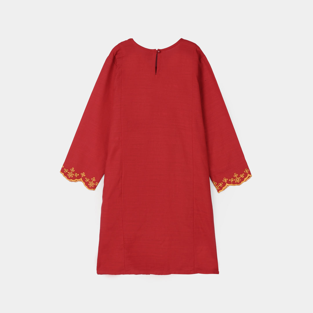 Girls Raw Silk Emb Kurti Yaqeen-MAROON