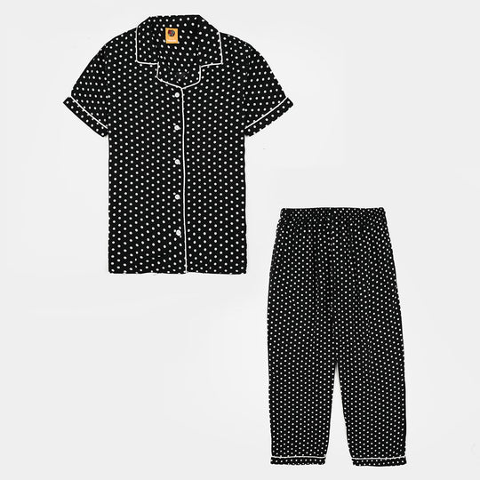 Girls Viscose Night Suit-Polka Dot-BLACK