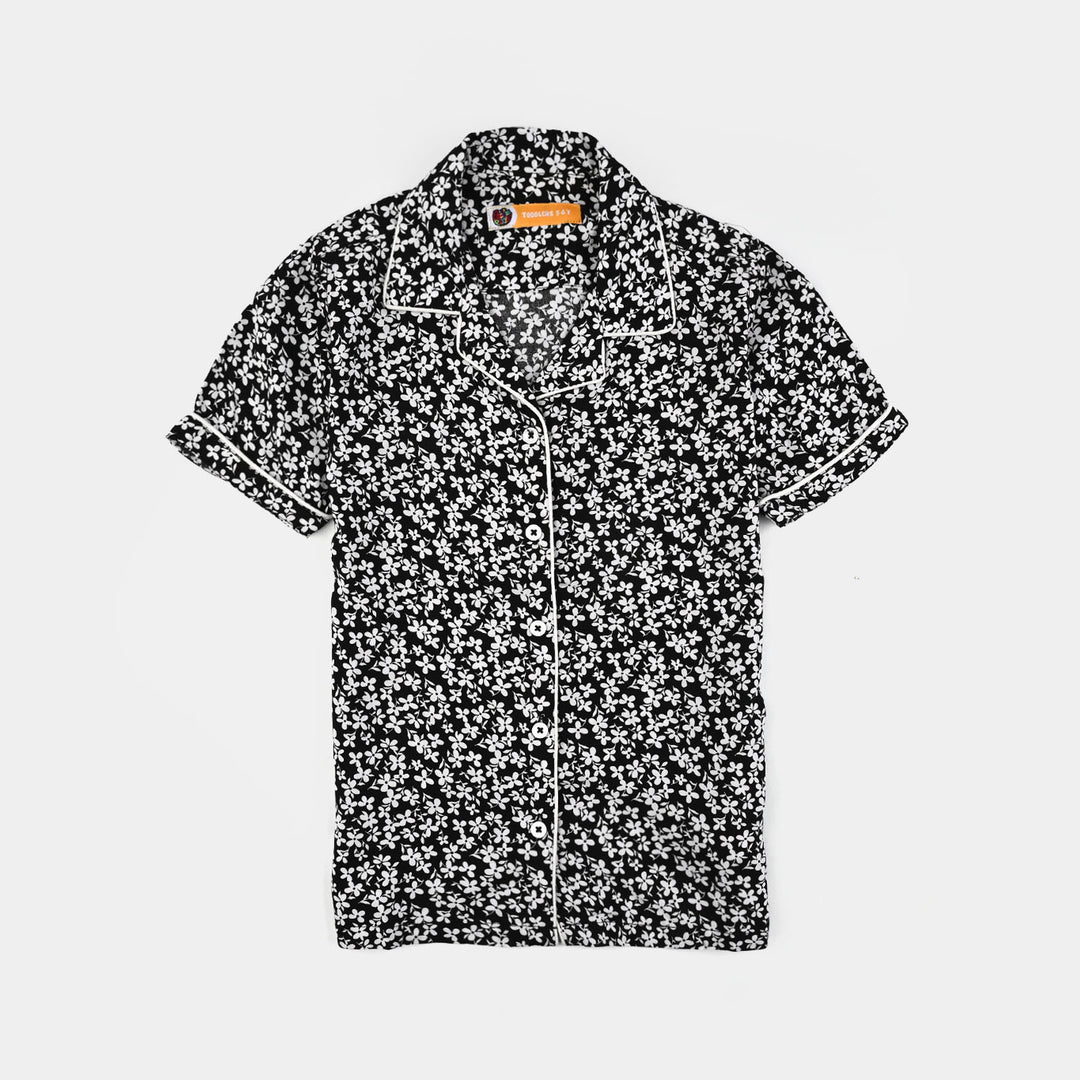 Girls Viscose Night Suit-White Floral-BLACK