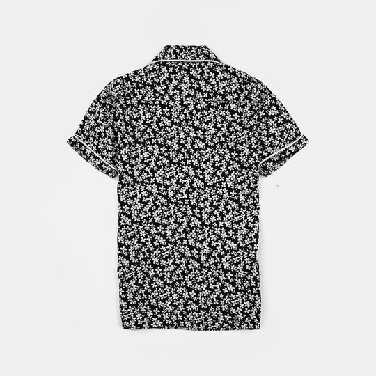 Girls Viscose Night Suit-White Floral-BLACK