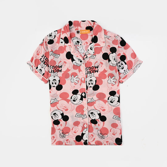 Girls Viscose Night Suit Printed-Pink