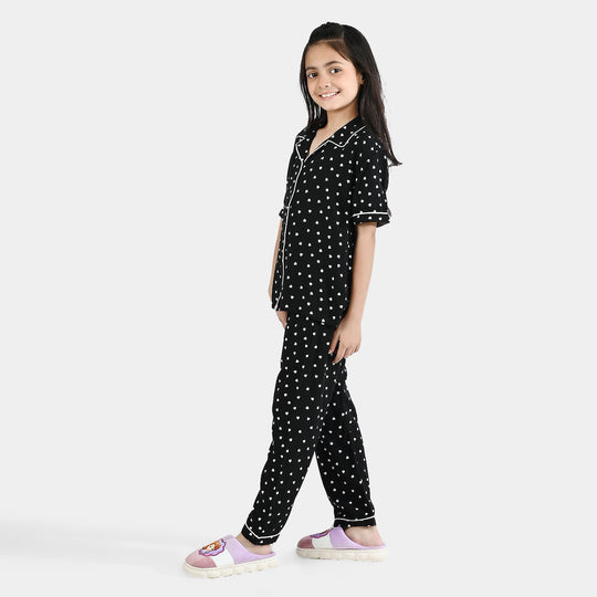 Girls Viscose Night Suit-Heart-BLACK