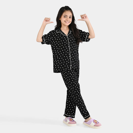 Girls Viscose Night Suit-Heart-BLACK