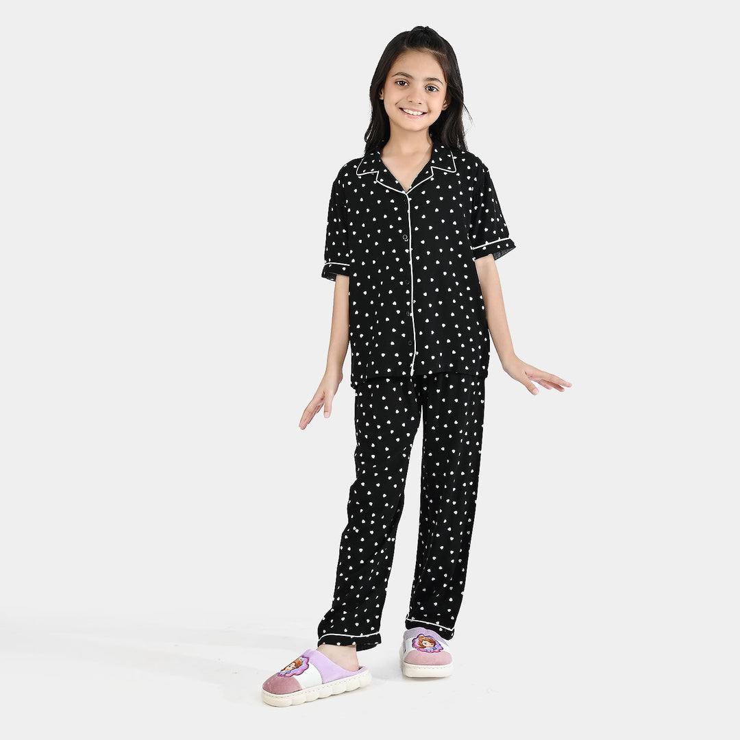 Girls Viscose Night Suit-Heart-BLACK