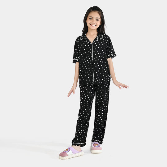 Girls Viscose Night Suit-Heart-BLACK
