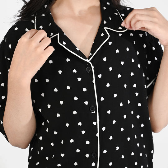 Girls Viscose Night Suit-Heart-BLACK