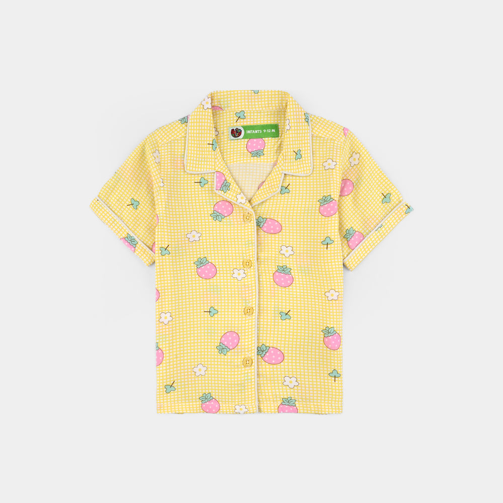 Infant Girls Viscose Night Suit - Strawberry - Yellow