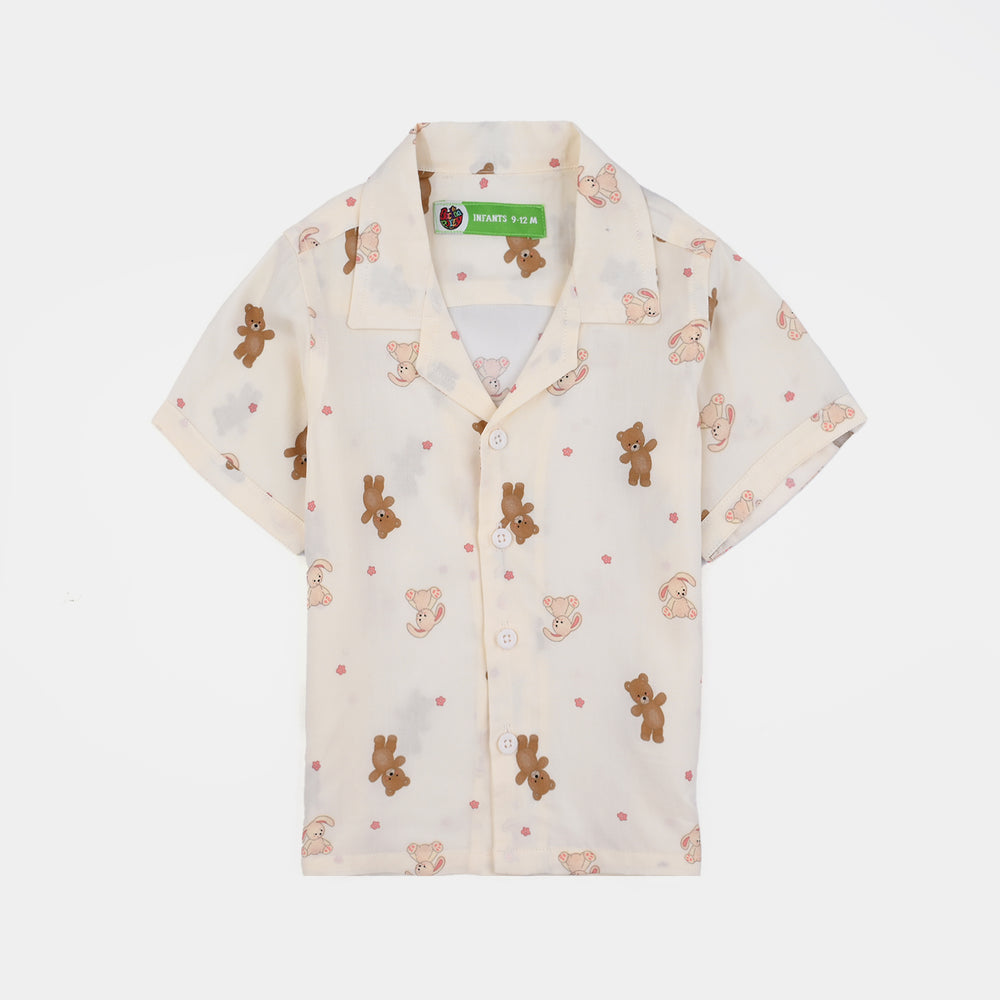 Infant Boys Viscose Night Suit-Teddy-Off.White