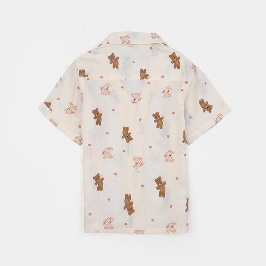 Infant Boys Viscose Night Suit-Teddy-Off.White