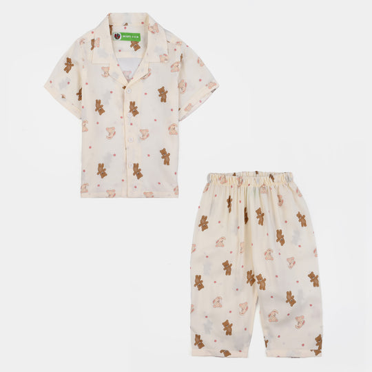 Infant Boys Viscose Night Suit-Teddy-Off.White