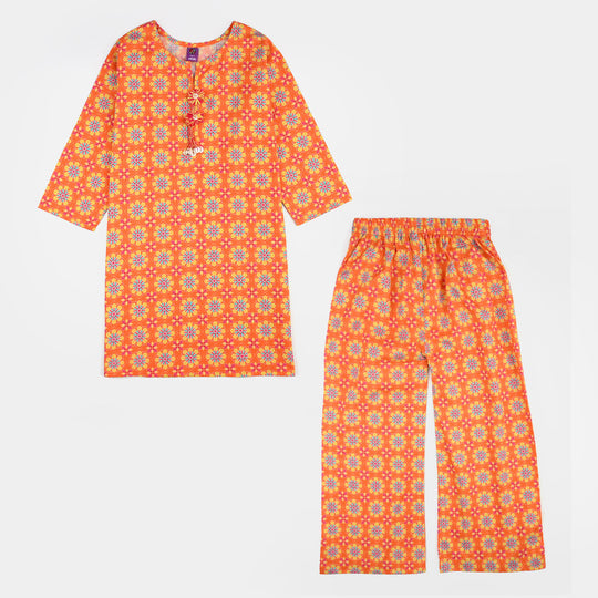 Girls Cotton Printed 2Pcs Orchid-ORANGE
