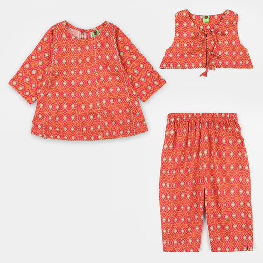 Infant Girls Cotton Printed 3Pcs Pink Koti-Multi