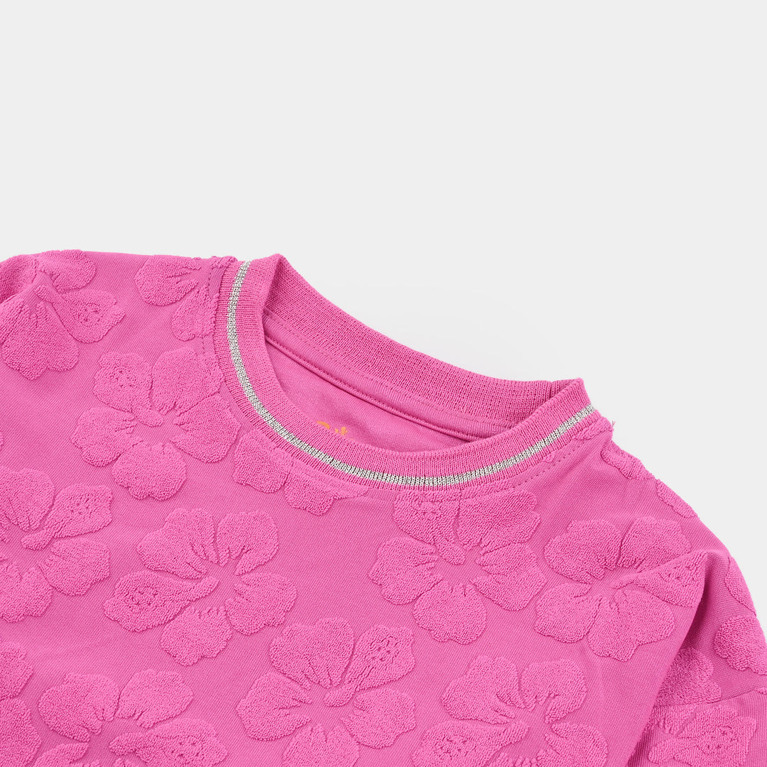 Girls Jacquard T-Shirt Pink FLOWER FABRIC-Pink
