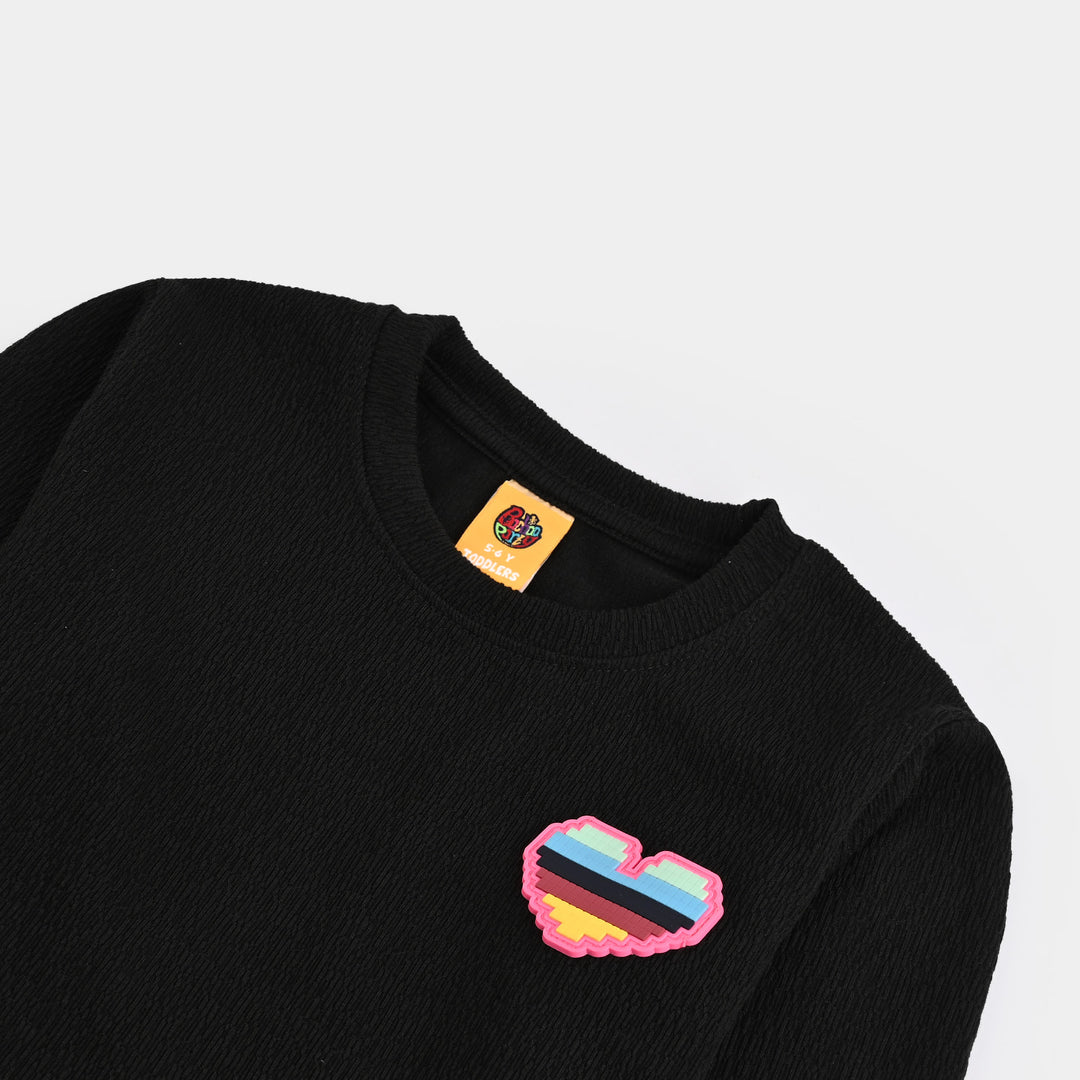 Girls Poly Crinkle T-Shirt Heart - Black