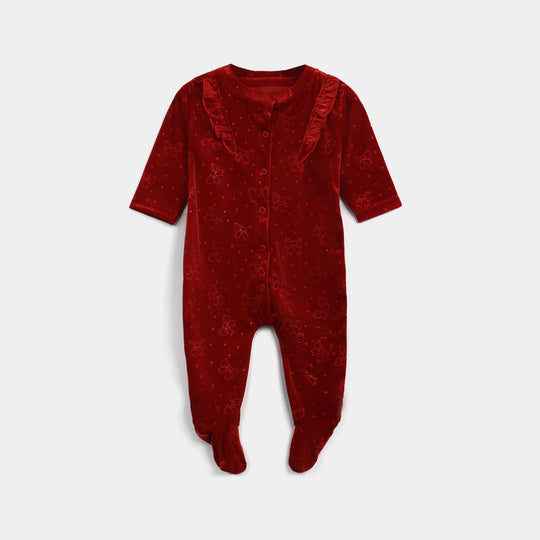Infant Girls Velvet Romper Embossed Bow-MAROON