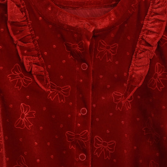 Infant Girls Velvet Romper Embossed Bow-MAROON