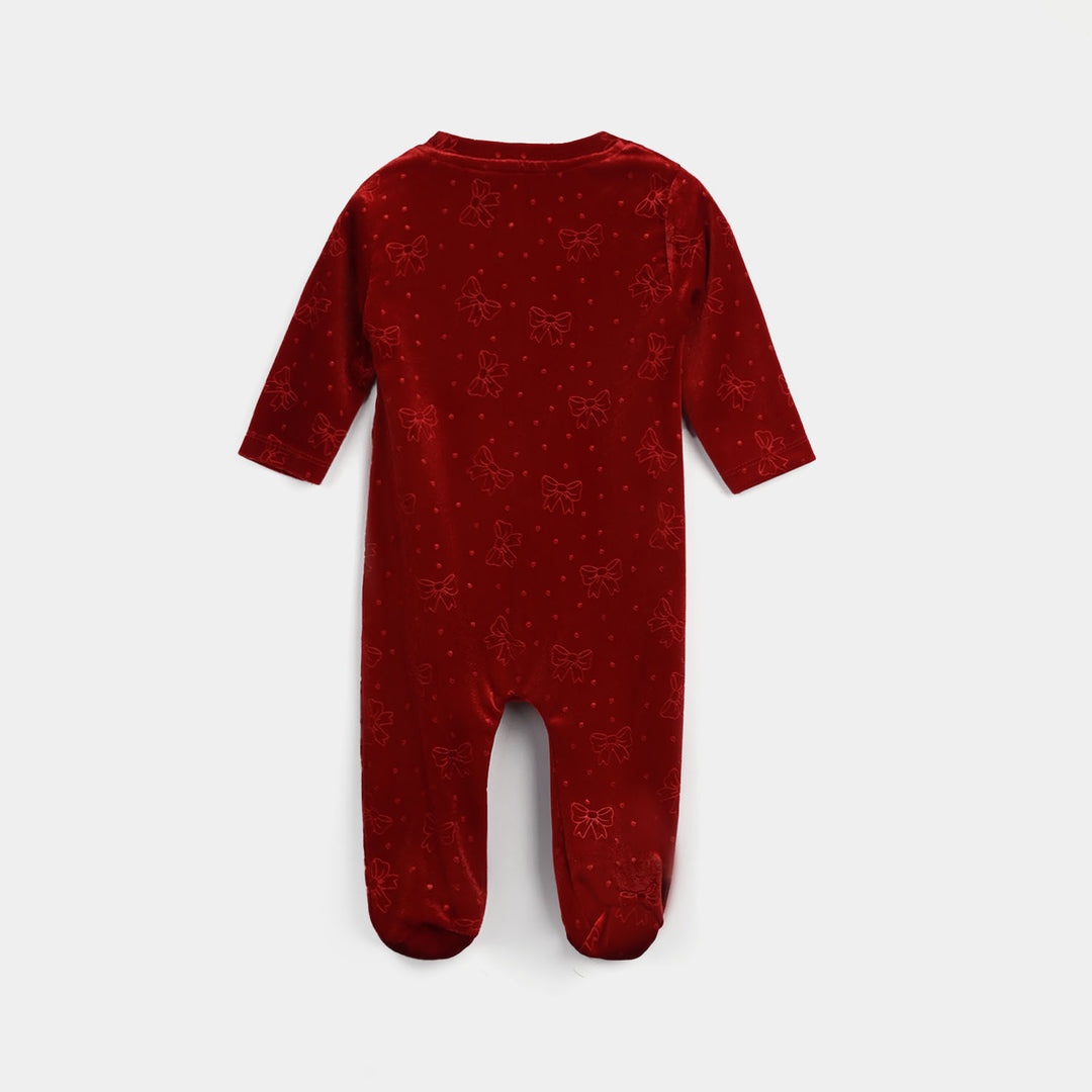 Infant Girls Velvet Romper Embossed Bow-MAROON